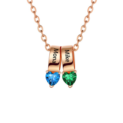 Collier Cœur avec 2 Pierres de Naissance et Noms Personnalisés pour Maman Or Rose