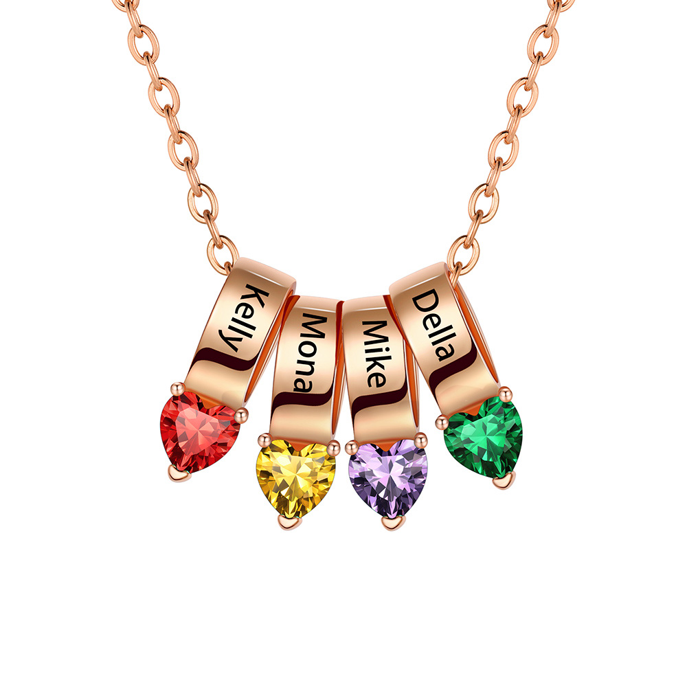 Collier Cœur avec 4 Pierres de Naissance et Noms Personnalisés pour Maman Or Rose
