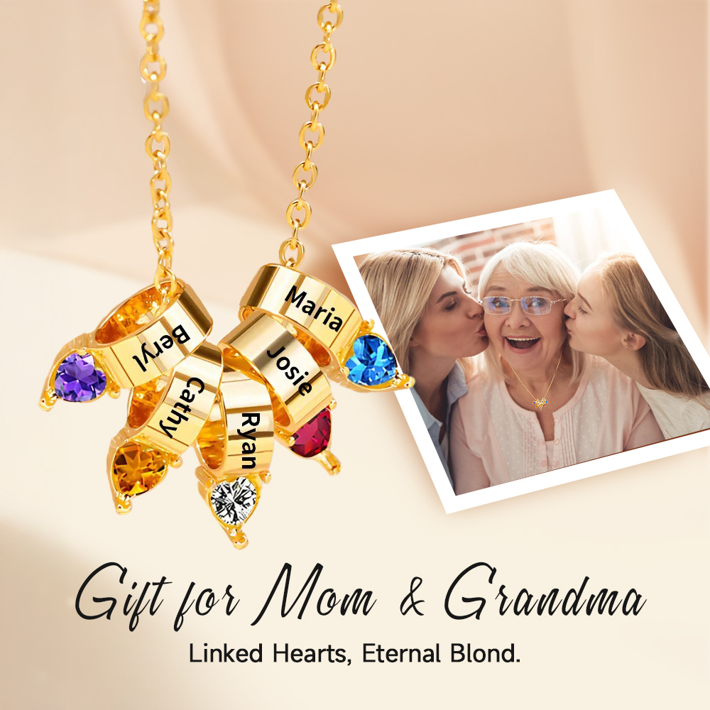 Collier Cœur avec Pierres de Naissance et Noms Personnalisés pour Maman et Mamie
