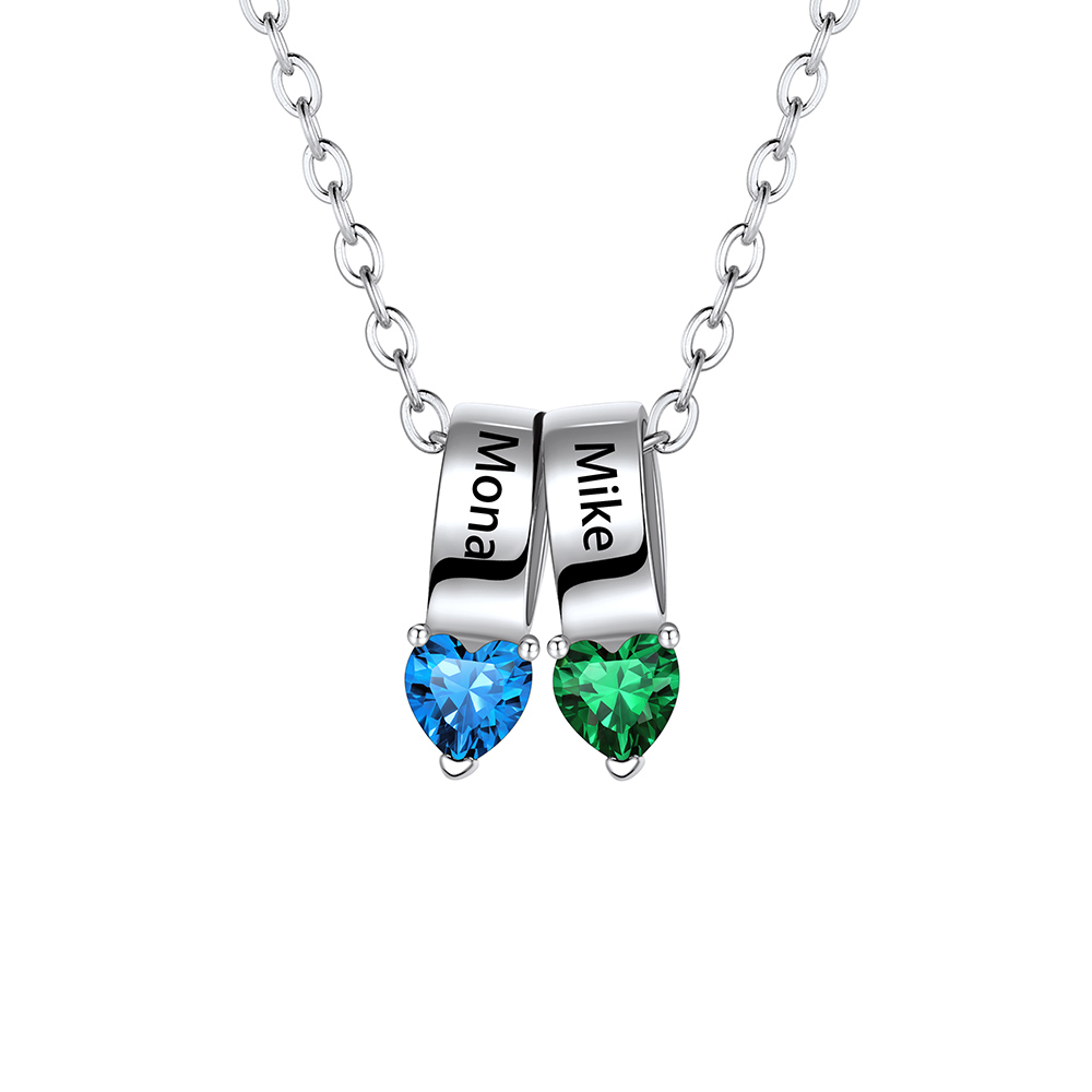 Collier Cœur avec 2 Pierres de Naissance et Noms Personnalisés pour Maman