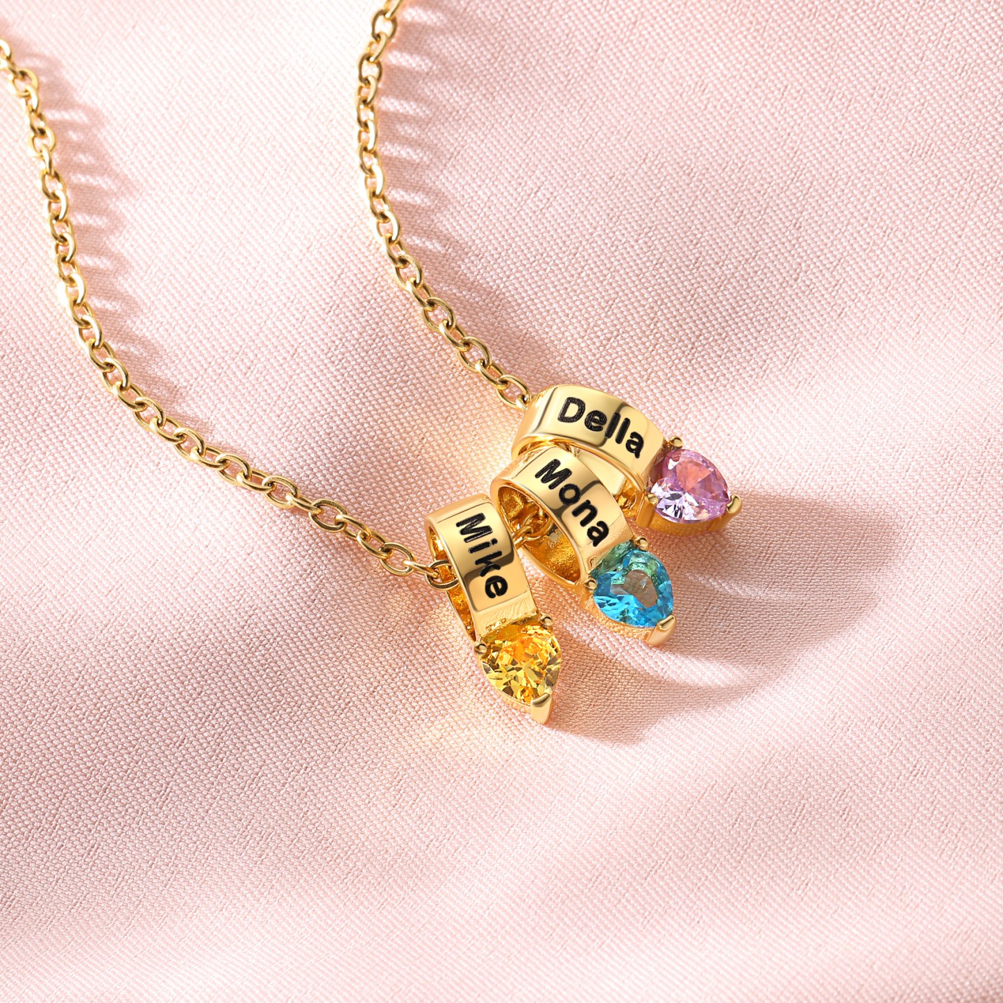 Collier Cœur avec 3 Pierres de Naissance et Noms Personnalisés 
