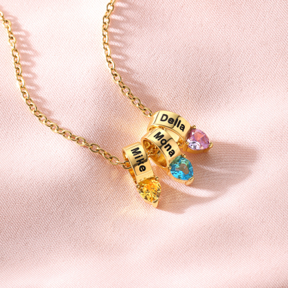Collier Cœur avec 3 Pierres de Naissance et Noms Personnalisés 
