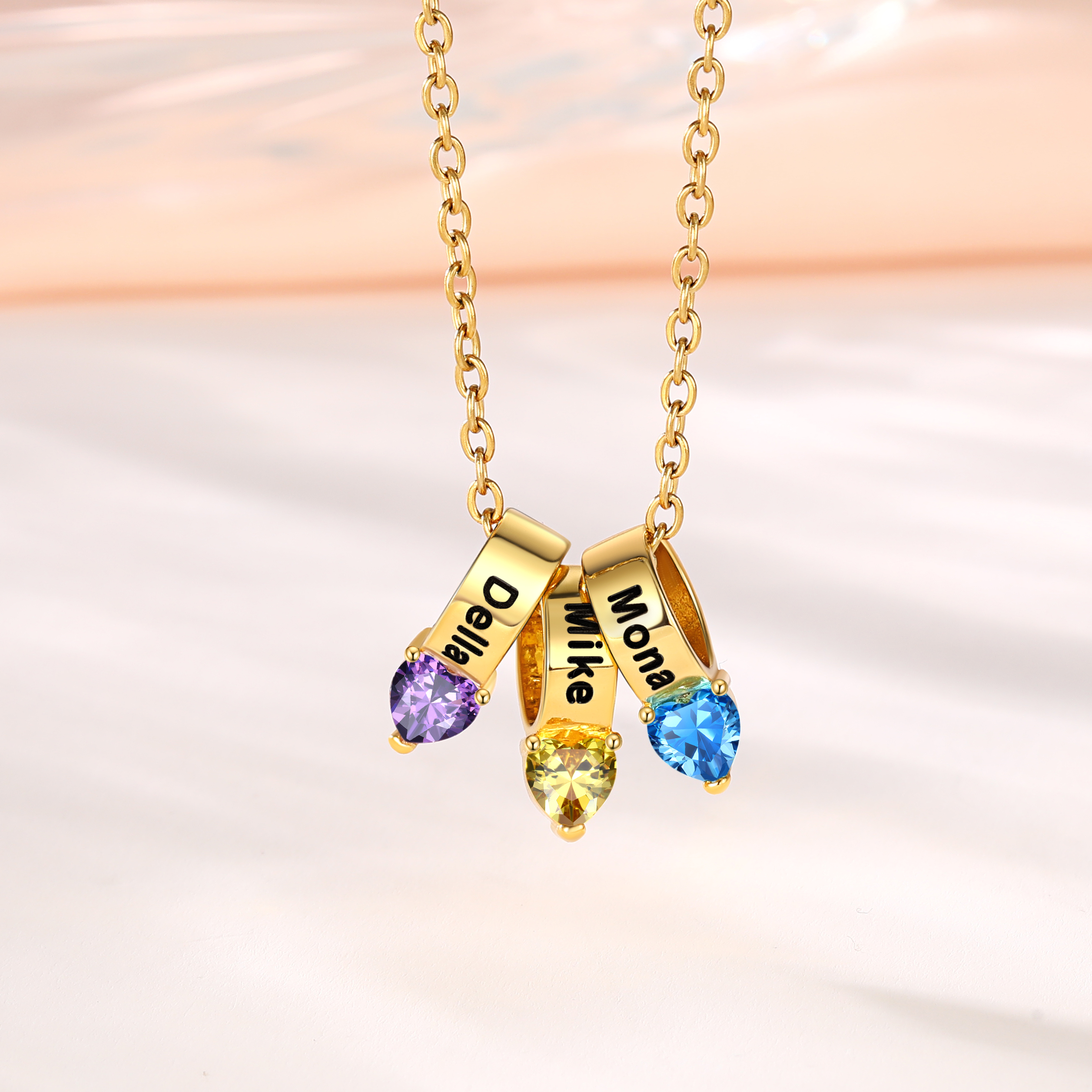 Collier Cœur avec 3 Pierres de Naissance et Noms