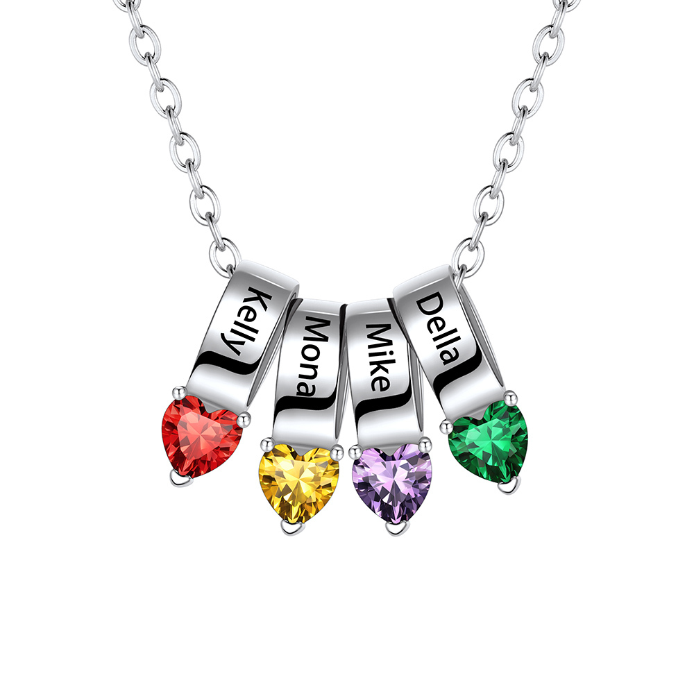 Collier Cœur avec 4 Pierres de Naissance et Noms Personnalisés pour Maman