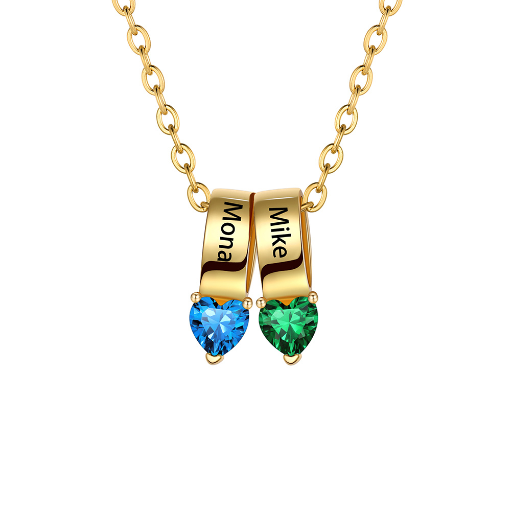 Collier Cœur avec 2 Pierres de Naissance et Noms Personnalisés pour Maman Or