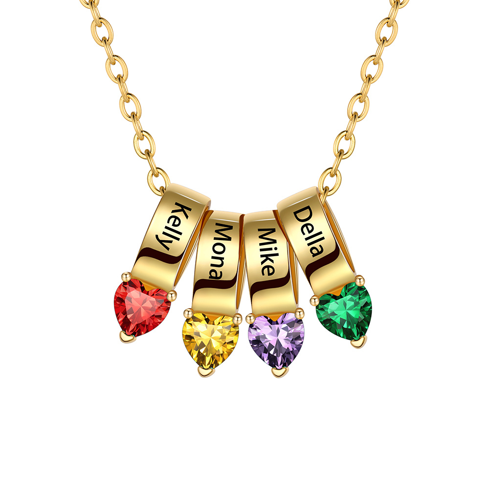 Collier Cœur avec 4 Pierres de Naissance et Noms Personnalisés pour Maman Or