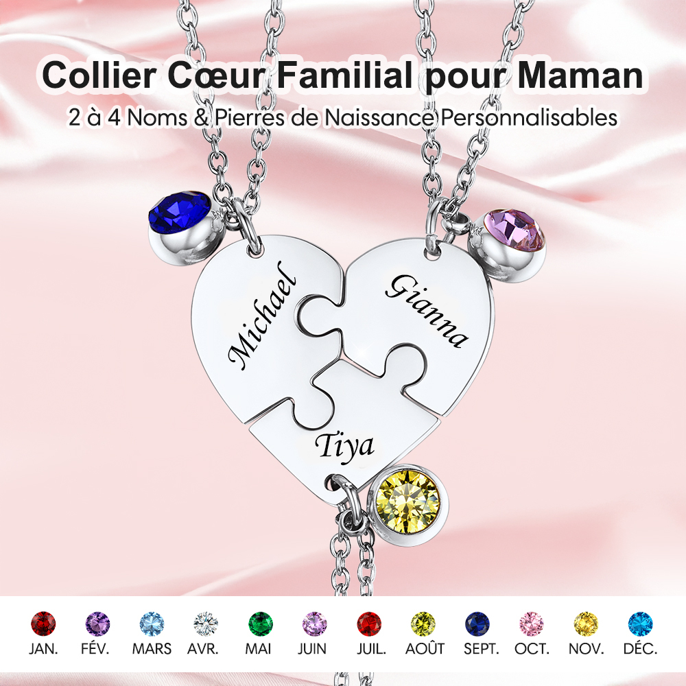 Collier Cœur avec Pierres de Naissance Personnalisé pour maman