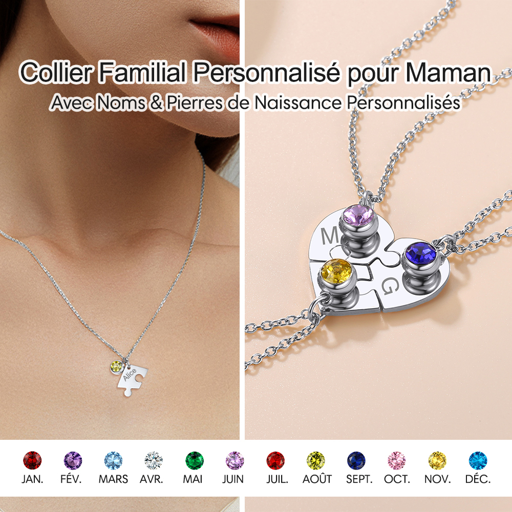 Collier Cœur Puzzle avec 3 Pierres de Naissance Personnalisé pour maman