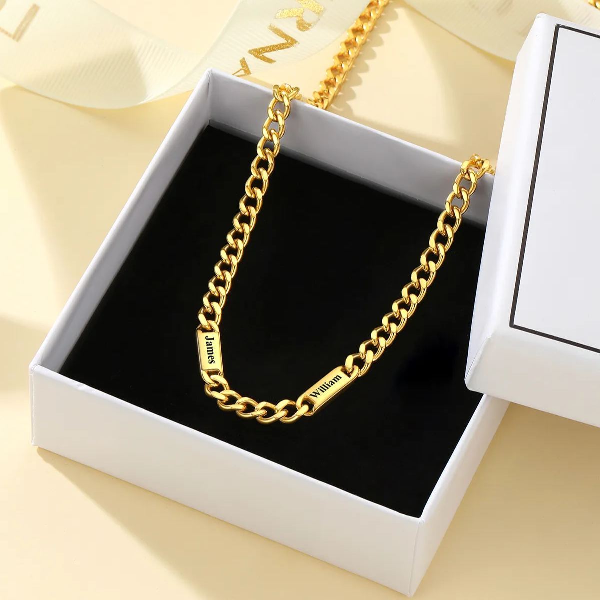 Collier Chaîne Cubaine Personnalisé avec 1 à 5 Noms avec Boite Cadeau
