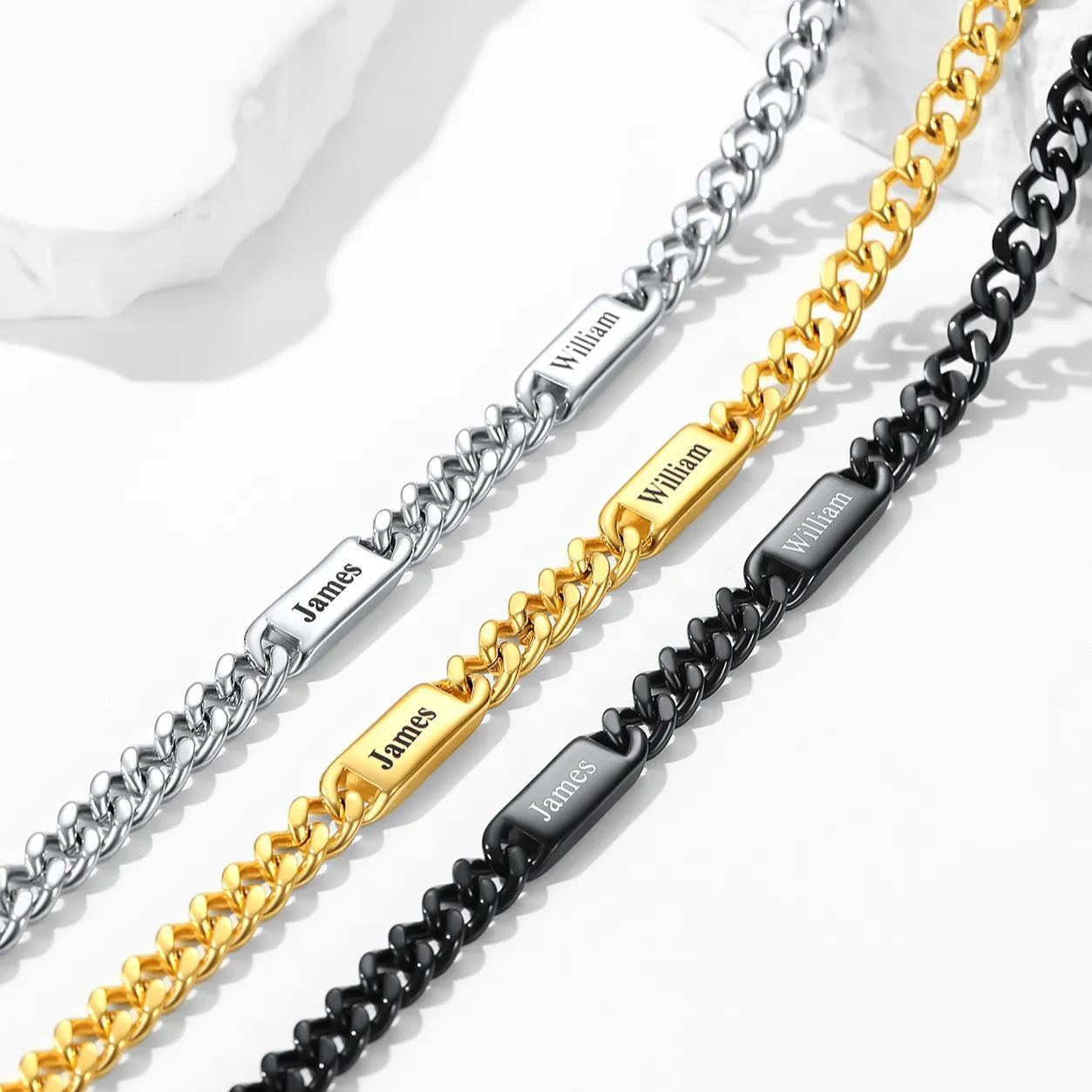 Collier Chaîne Cubaine Personnalisé avec 1 à 5 Noms pour Homme 3 Couleurs
