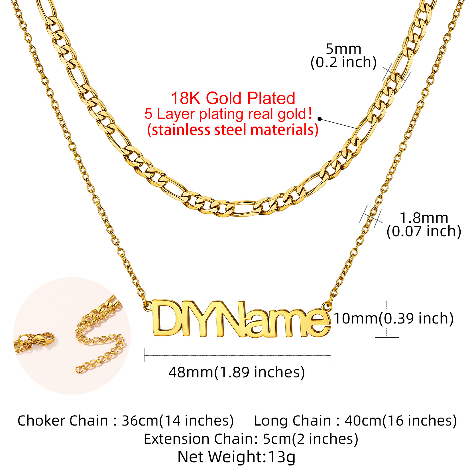 Collier Chaîne Figaro Personnalisé à Couches avec Prénom taille