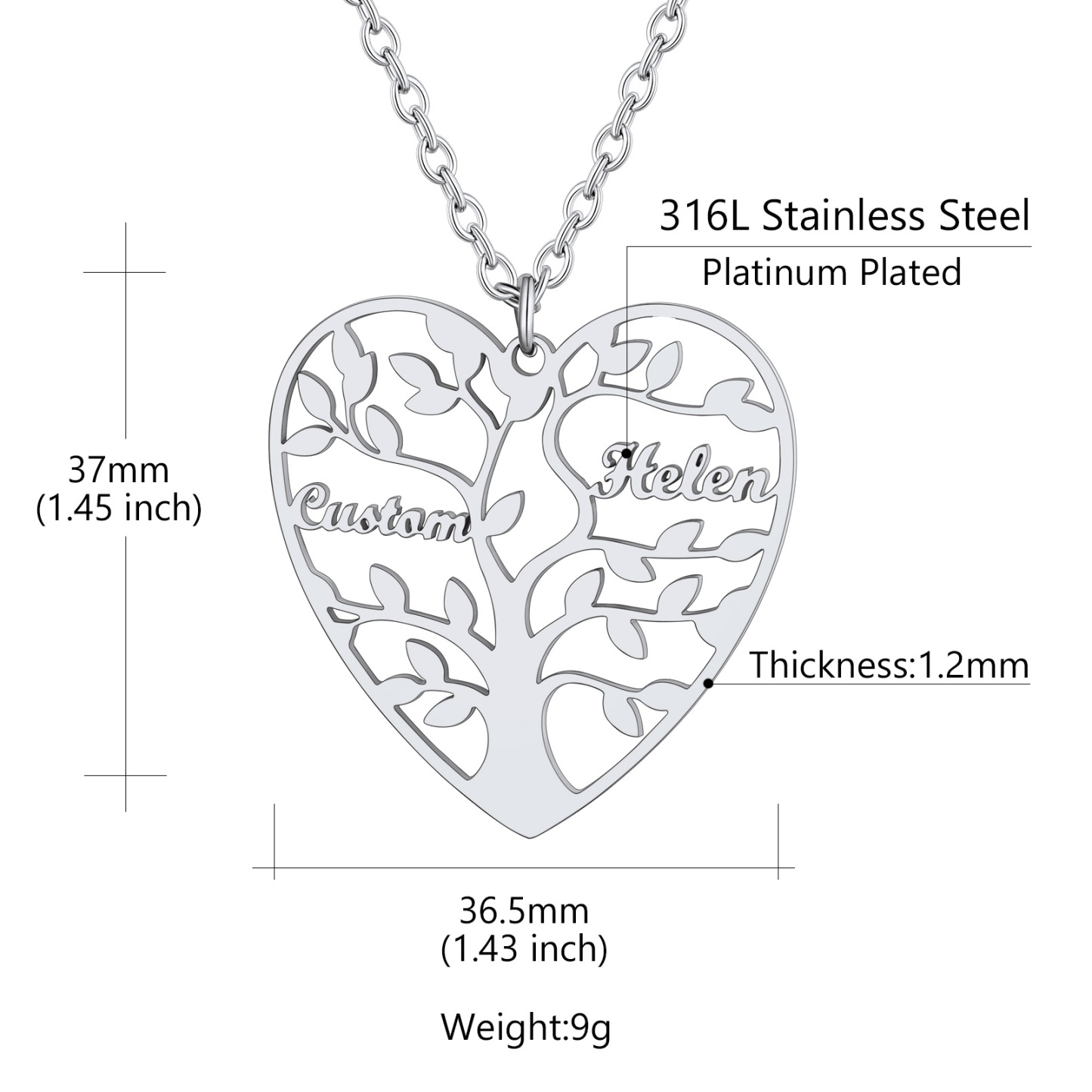 Collier Coeur Personnalisé avec Pendentif Arbre de Vie et Prénoms
