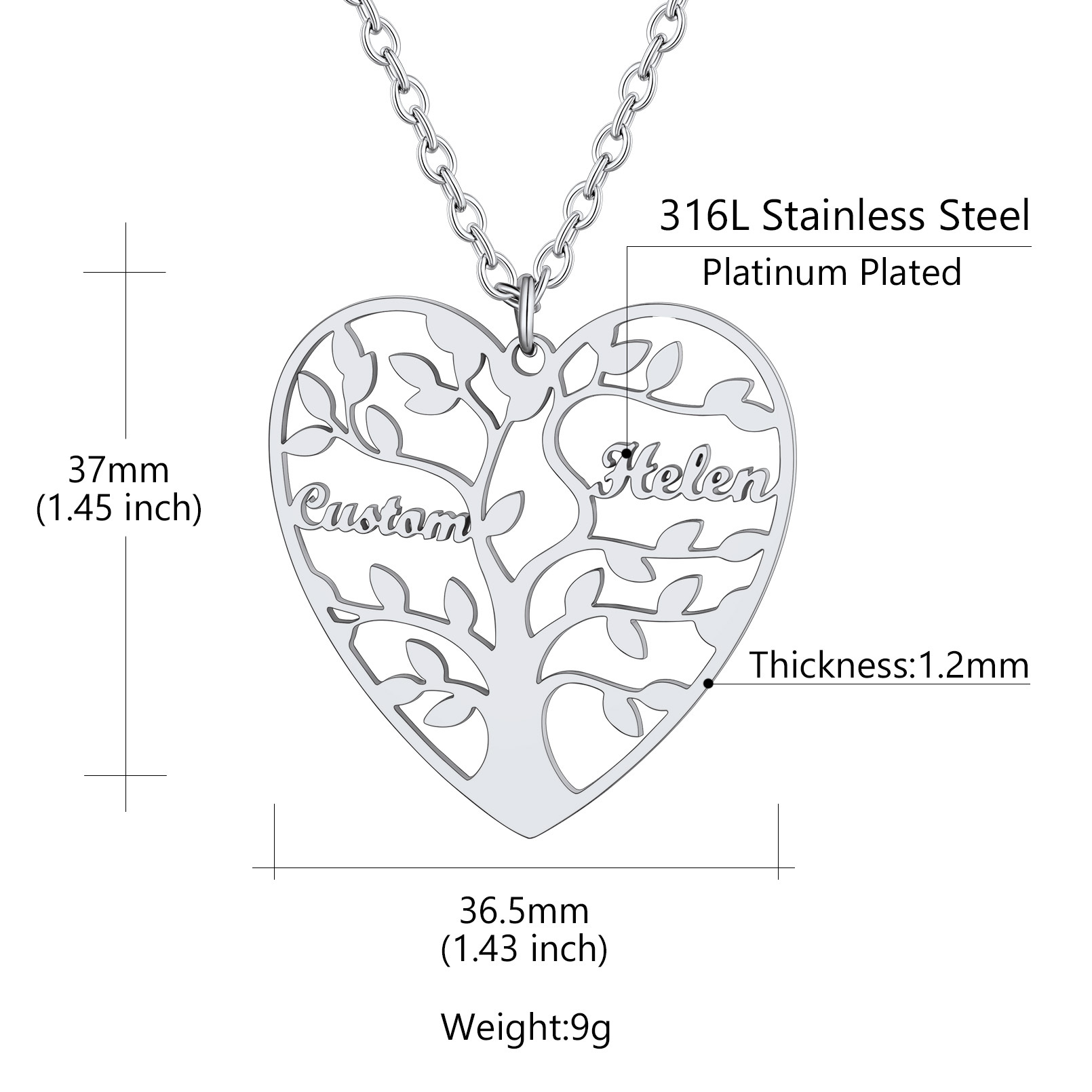 Collier Coeur Personnalisé avec Pendentif Arbre de Vie et Prénoms
