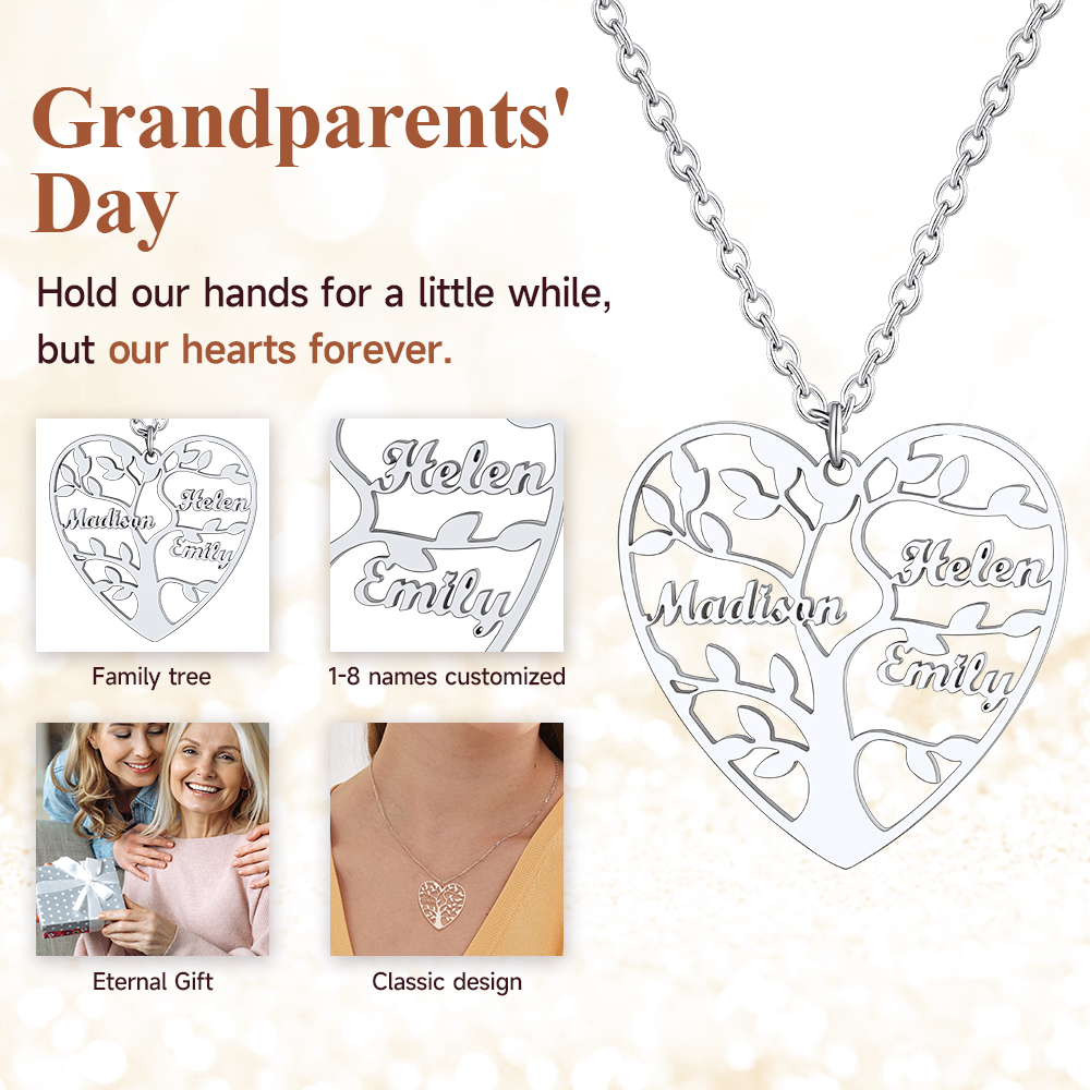 Collier Coeur Personnalisé avec Pendentif Arbre de Vie et Prénoms Cadeau pour famille
