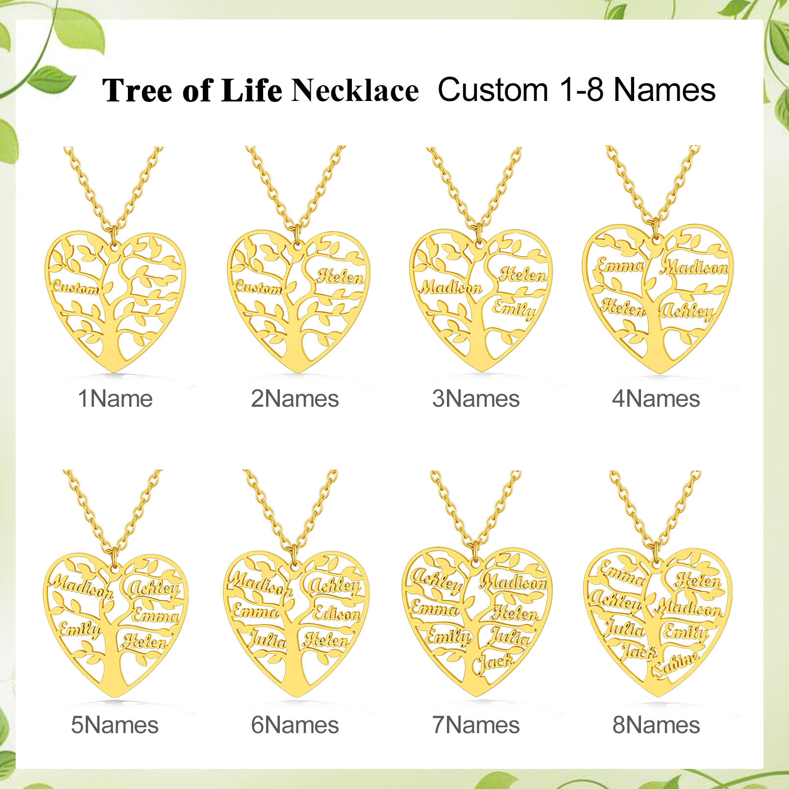 Collier Coeur Personnalisé avec Pendentif Arbre de Vie et Prénoms or