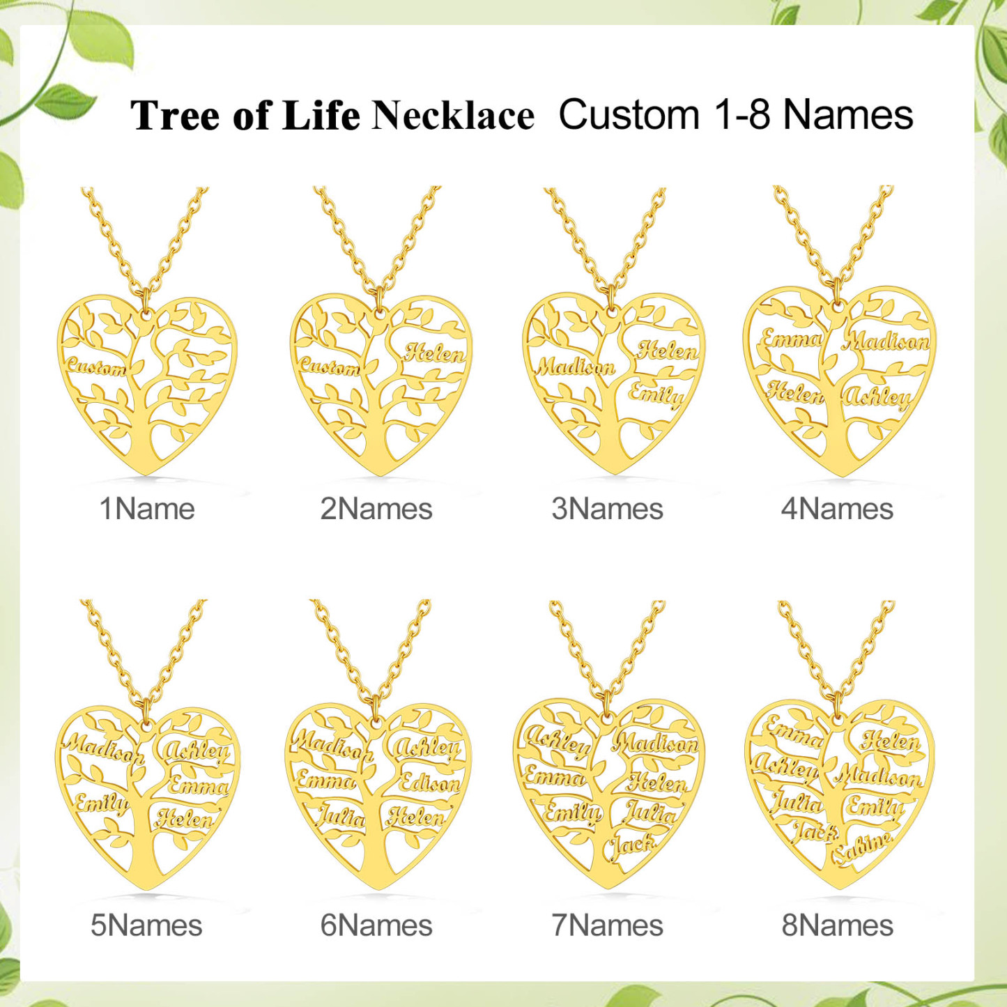 Collier Coeur Personnalisé avec Pendentif Arbre de Vie et Prénoms or