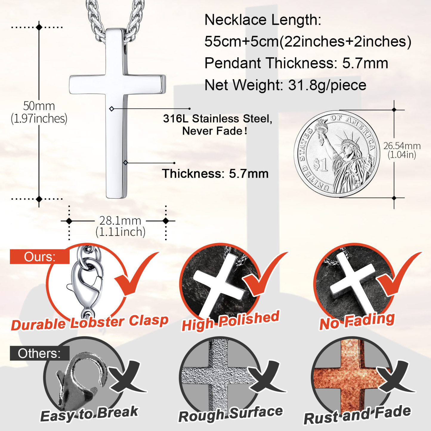 Collier Croix Personnalisé en Acier pour Homme & Femme Taille