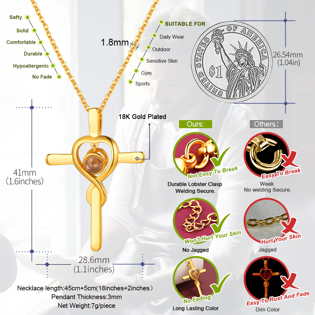 Collier Croix avec Photo  Projection Personnalisée pour Femme taille