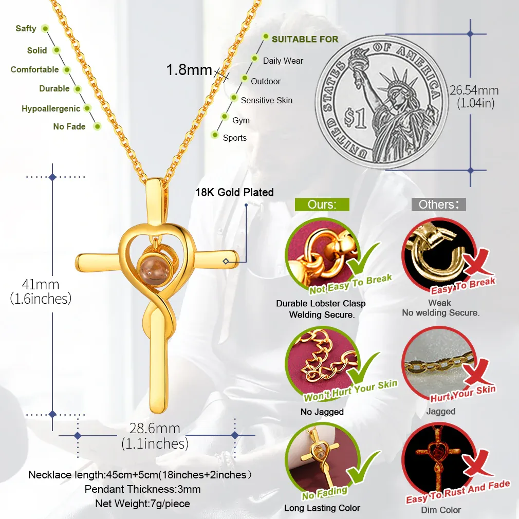 Collier Croix avec Photo  Projection Personnalisée pour Femme taille