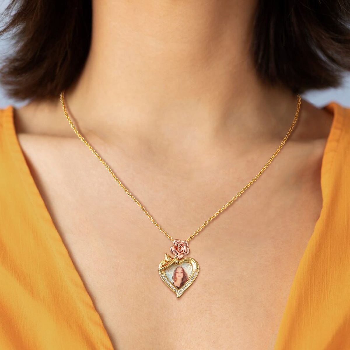 Collier Cœur Rose Gravée avec Photo Personnalisé 