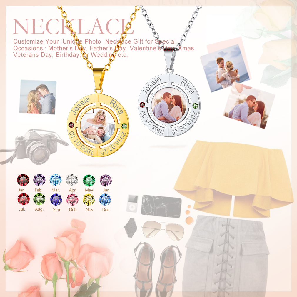 Collier Gravé Photo avec Noms et pierre de naissance