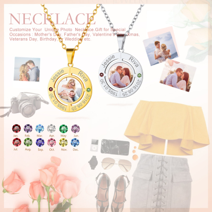 Collier Gravé Photo avec Noms et pierre de naissance