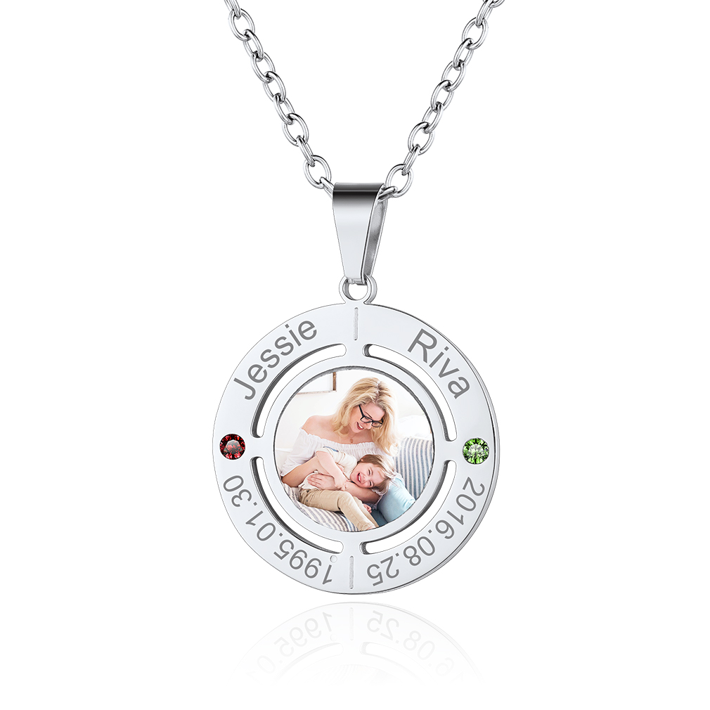 Collier Gravé Photo avec Prénoms et pierre de naissance pour Femme 