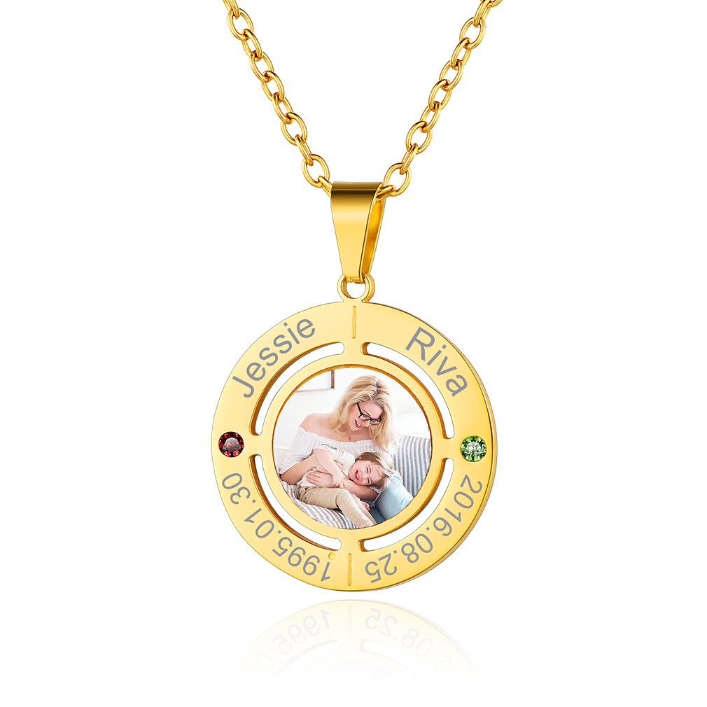 Collier Gravé Photo avec Prénoms et pierre de naissance pour Femme 