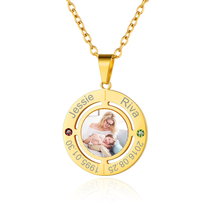 Collier Gravé Photo avec Prénoms et pierre de naissance pour Femme 