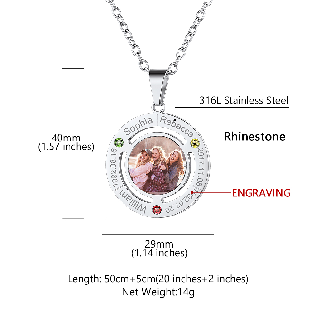 Collier Gravé Photo avec Prénoms et pierre de naissance taille