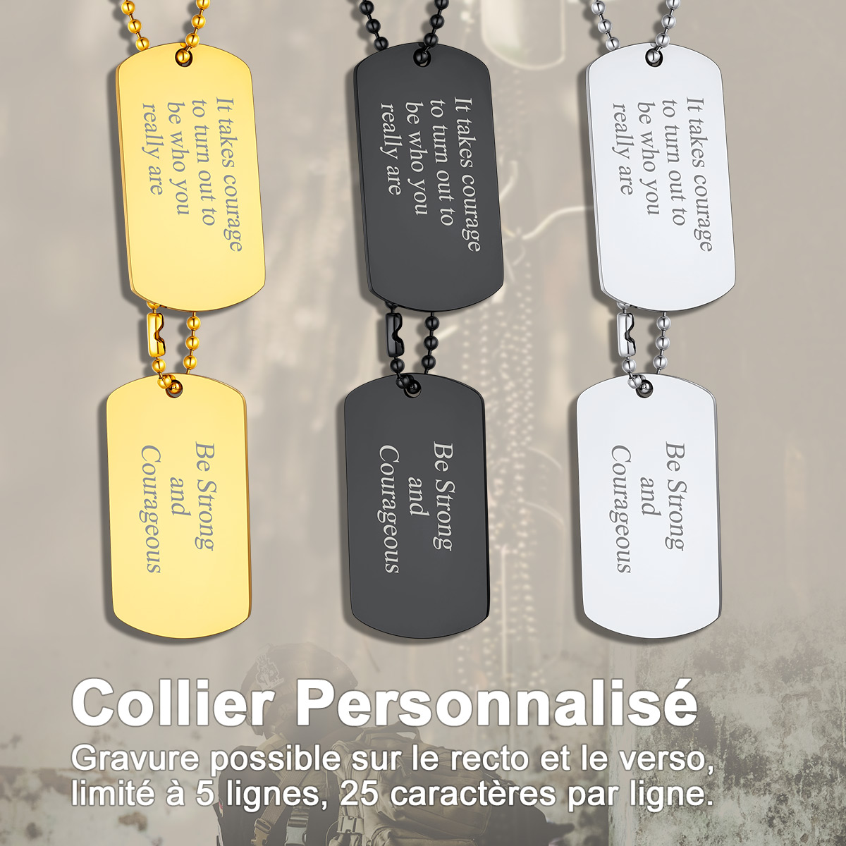 Collier Homme Militaire Personnalisé Plaque Double