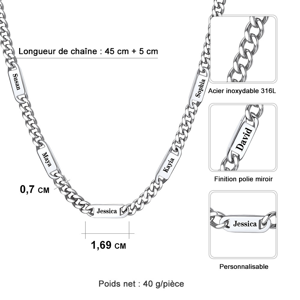 Collier Homme Personnalisé 1-5 Noms – Chaîne Cubaine Cadeau Papa