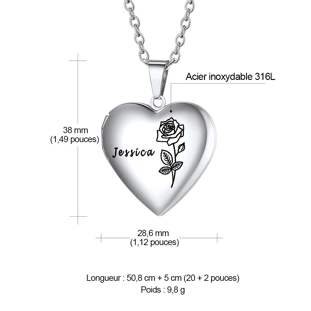 Collier Médaillon Cœur Fleur de Naissance avec Photo