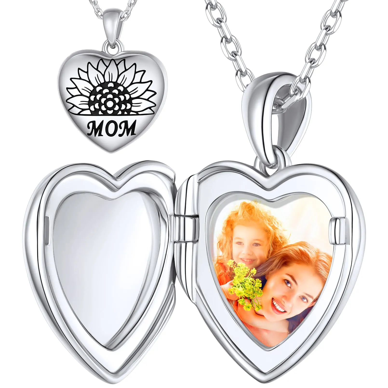 Collier Médaillon Cœur Tournesol Personnalisé avec Photo pour Maman Argenté