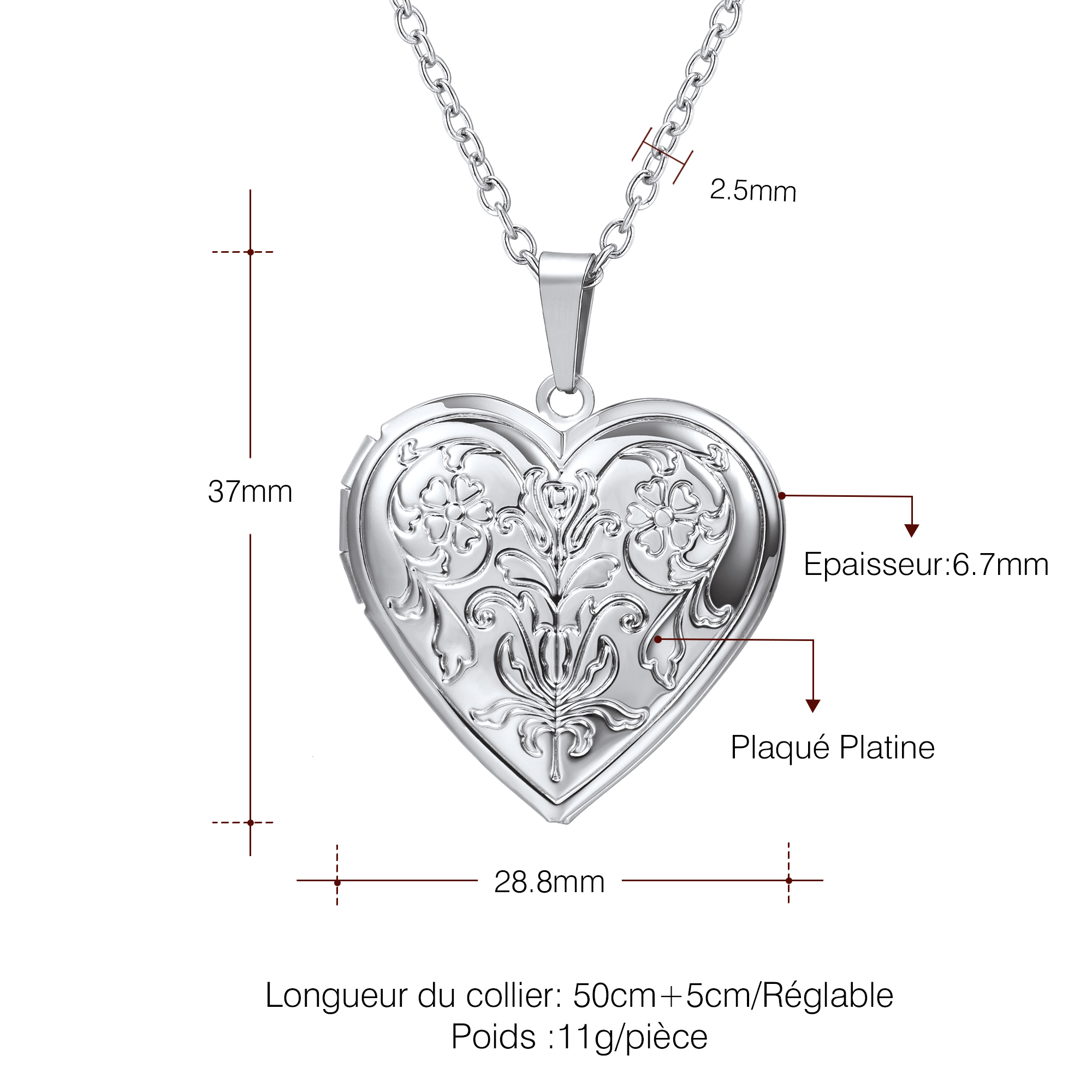 Collier Médaillon Cœur Personnalisé avec Photo Taille