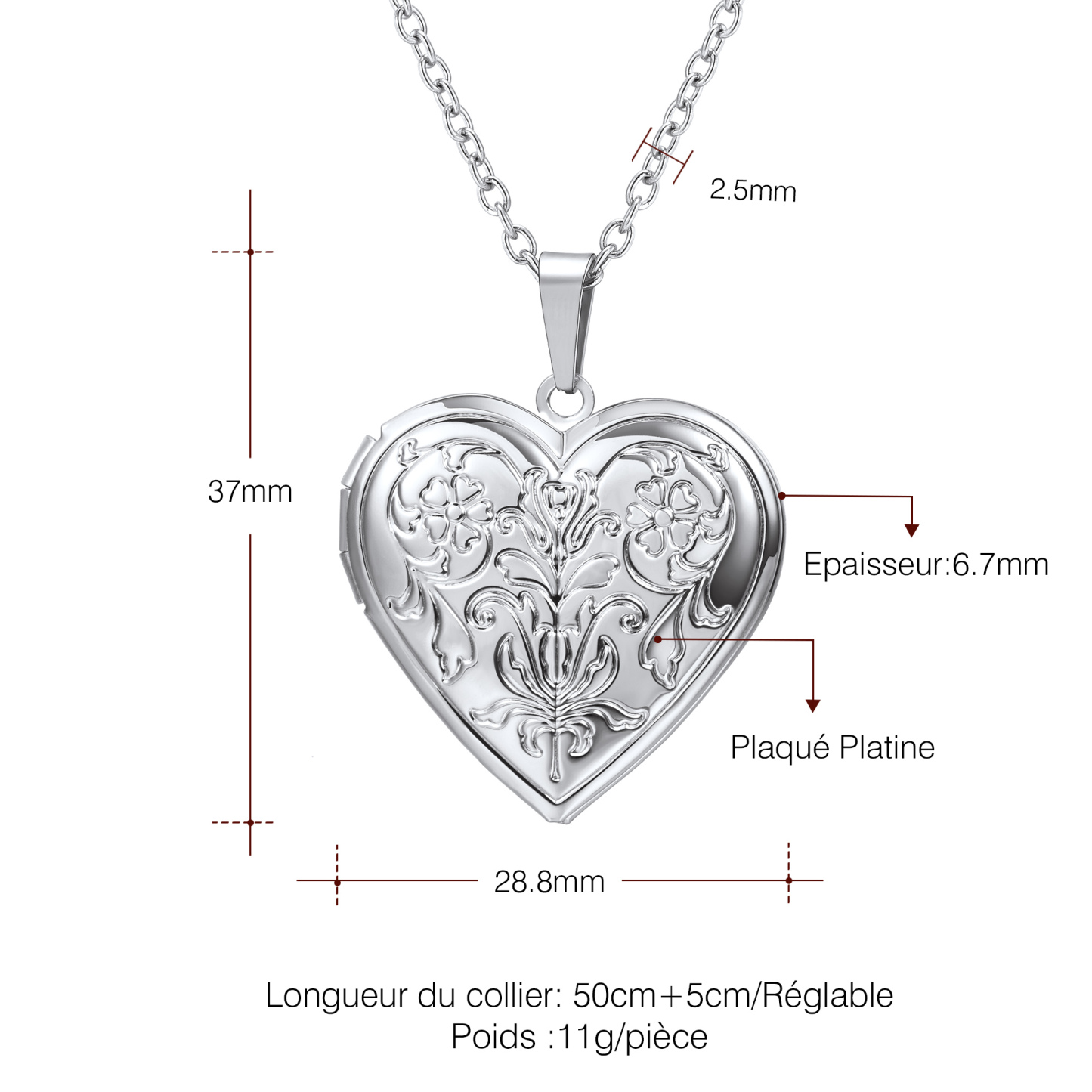 Collier Médaillon Cœur Personnalisé avec Photo Taille