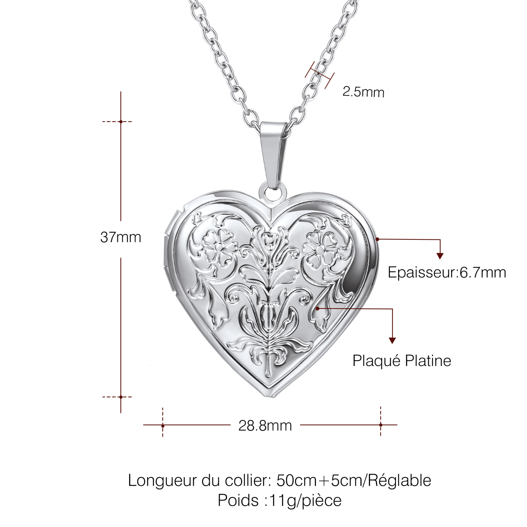 Collier Médaillon Cœur Personnalisé avec Photo Taille