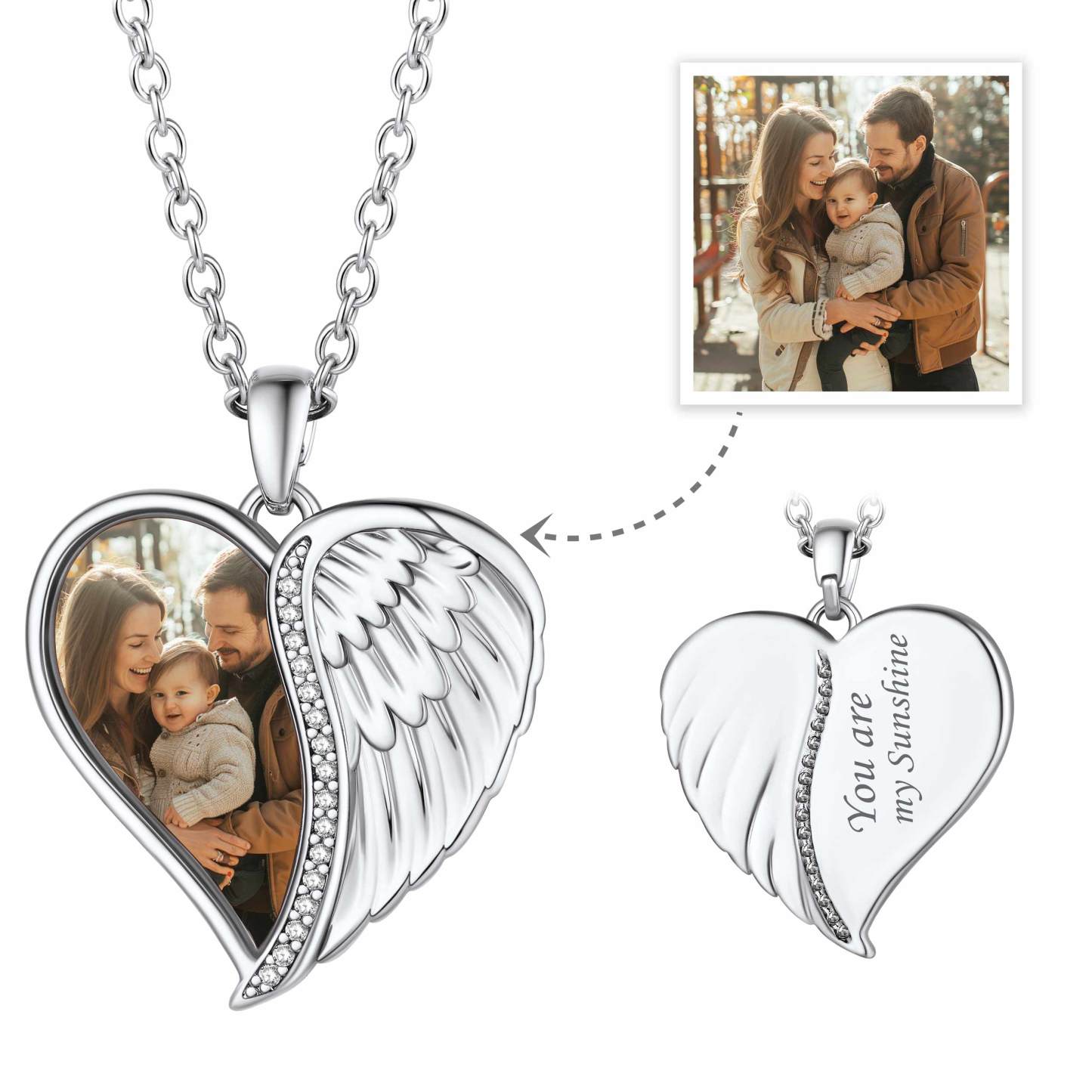 Collier Médaillon Cœur Photo Personnalisé avec Ailes d'Ange