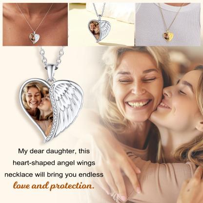 Collier Médaillon Cœur Photo Personnalisé avec Ailes d'Ange cadeau pour fille