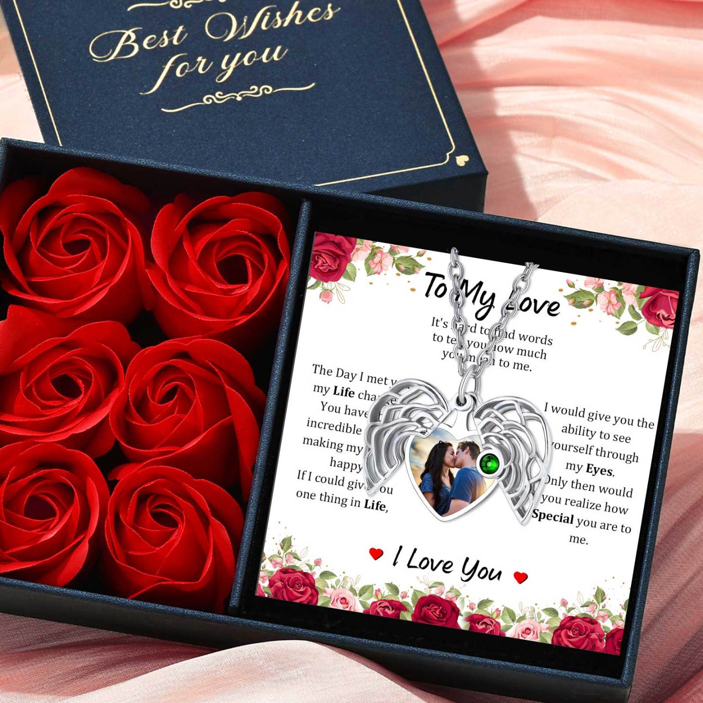 Collier Médaillon Cœur Photo Personnalisé avec Pierre de Naissance avec carte