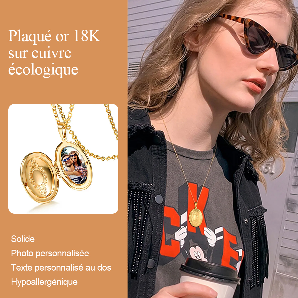 Collier Médaillon Ovale avec Photo et Motifs Floraux Vintage plaque or