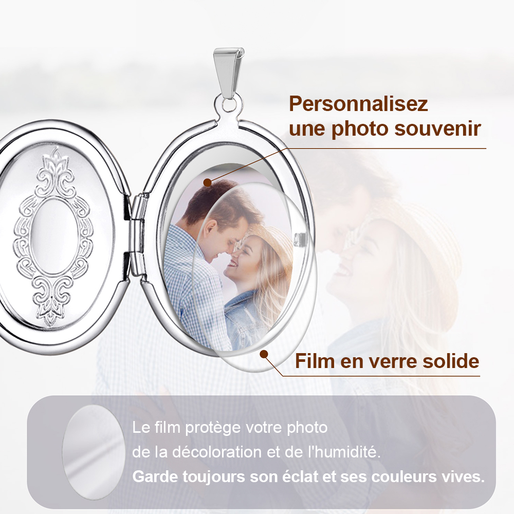 Collier Médaillon Ovale avec Photo et Motifs Floraux Vintage argente