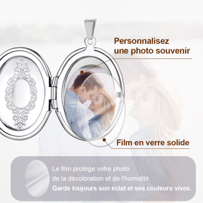 Collier Médaillon Ovale avec Photo et Motifs Floraux Vintage argente