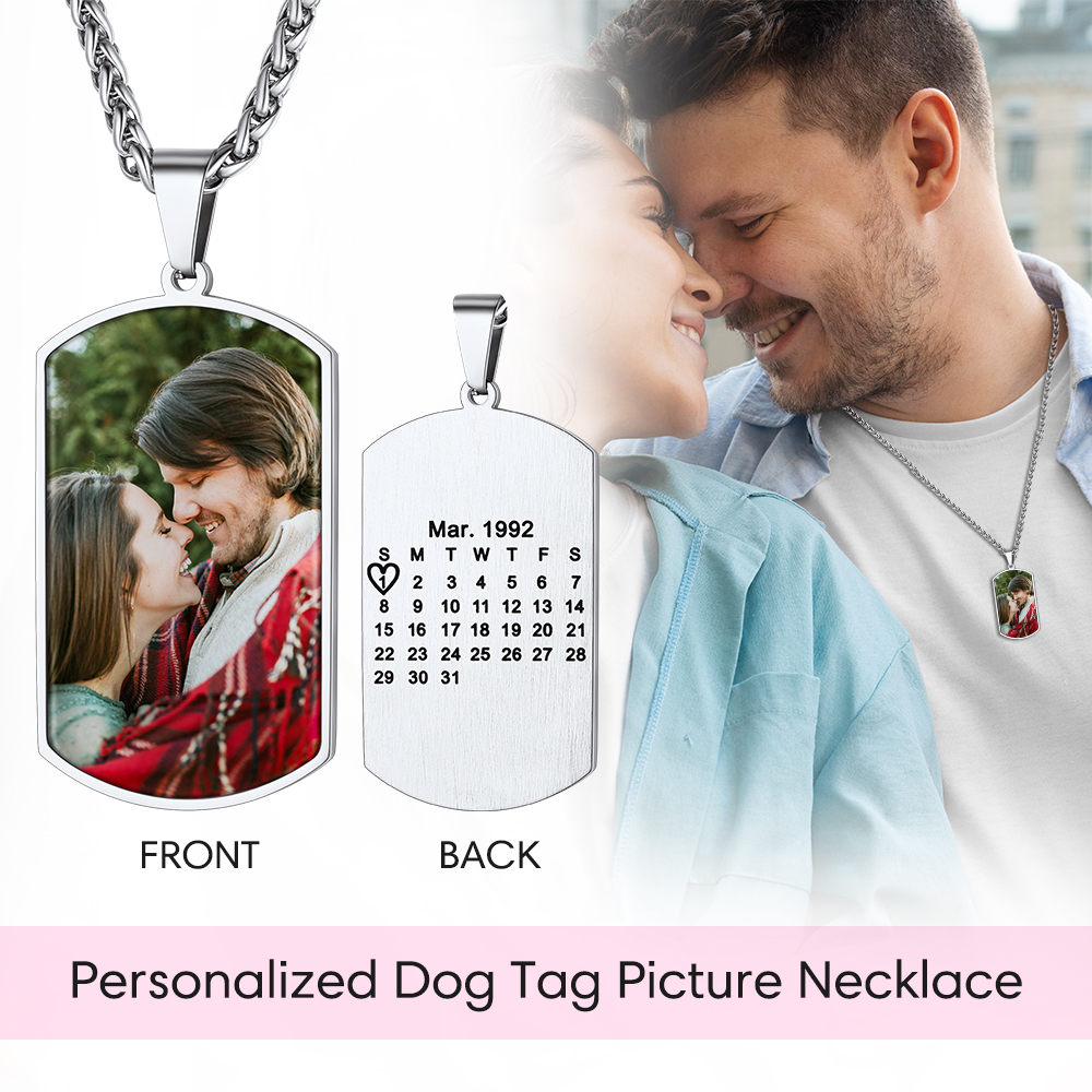Collier Médaillon Photo Personnalisé avec Calendrier Gravé pour Papa