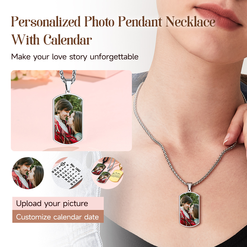 Collier Médaillon Photo Personnalisé avec Calendrier Gravé cadeau pour amour