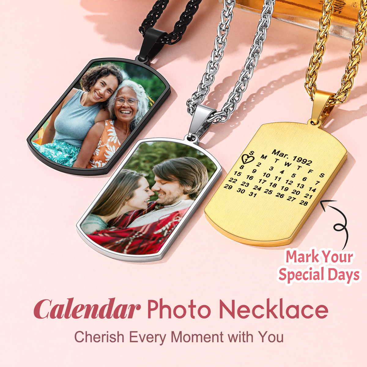 Collier Médaillon Photo Personnalisé avec Calendrier Gravé pour Homme