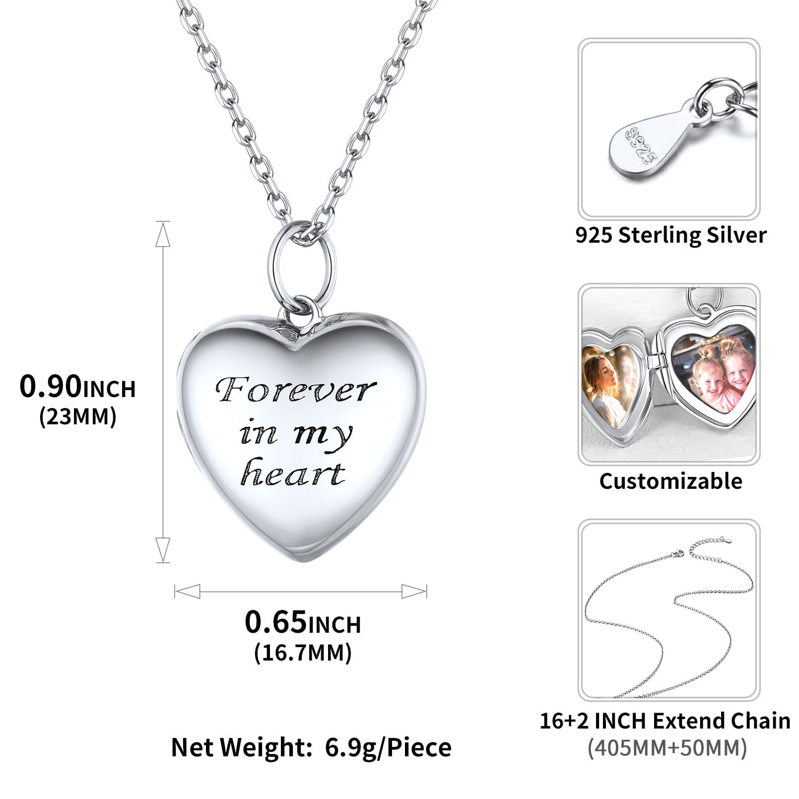 Collier Pendentif Cœur Personnalisé en Argent Sterling avec 2 Photos taille