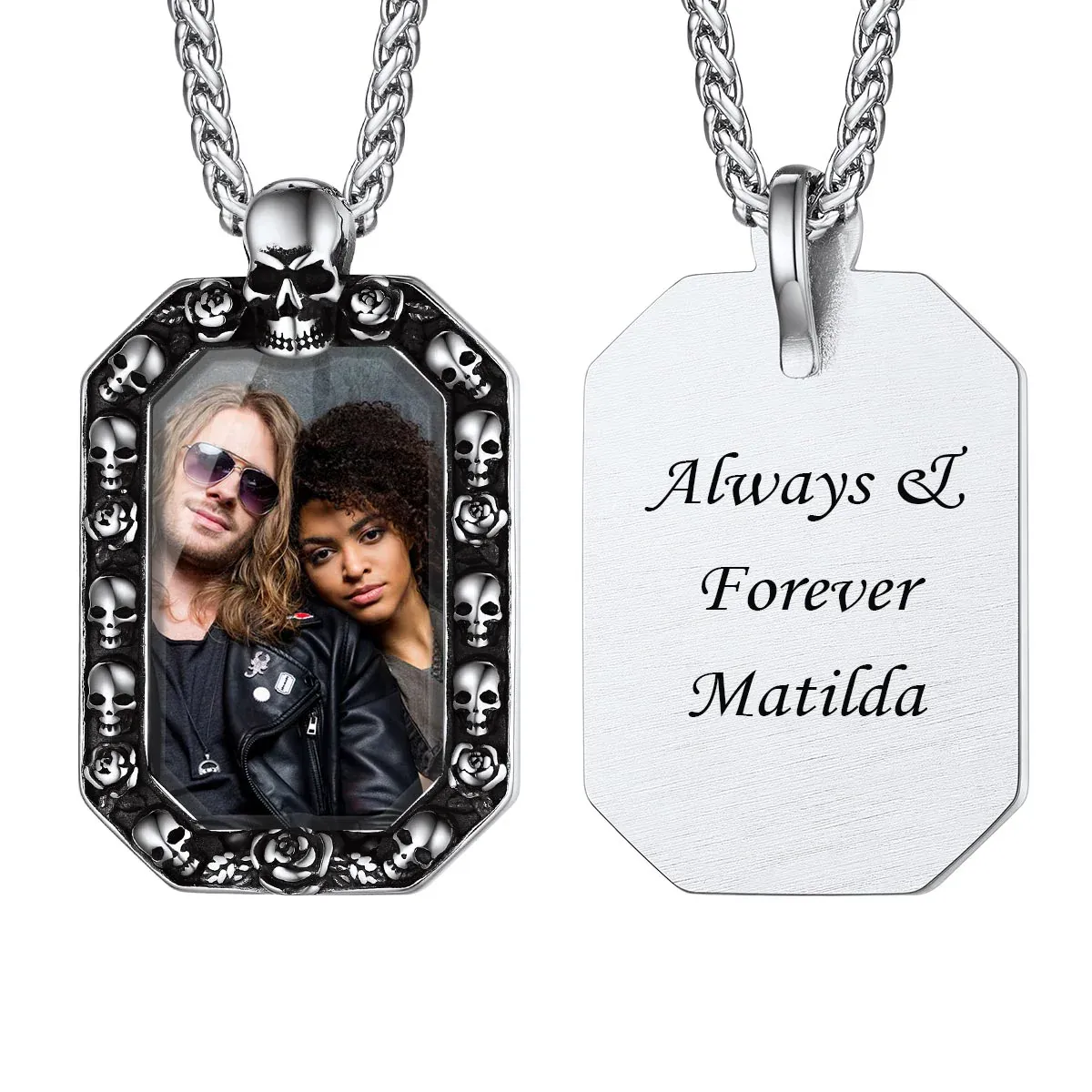 Collier Pendentif Crâne Personnalisé avec Photo argenté