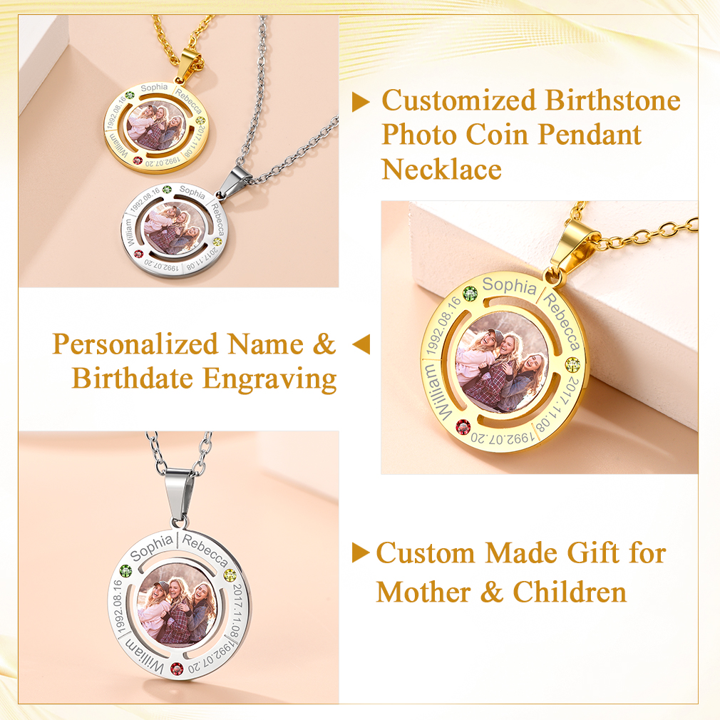 Collier Pendentif Gravé Photo avec Prénoms et pierre de naissance