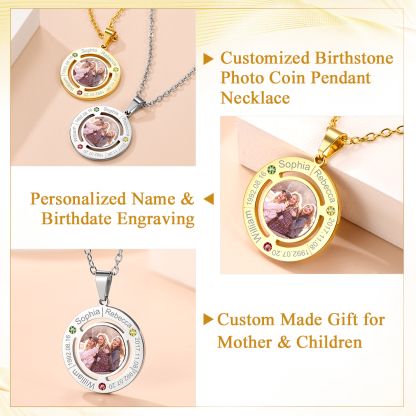 Collier Pendentif Gravé Photo avec Prénoms et pierre de naissance